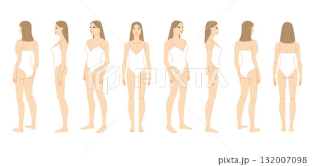 Vector illustration of a 7 head woman in white swimsuit, displaying multiple angles including front, side, and back. 132007098