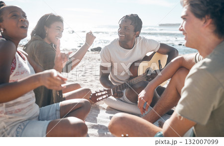 Couple of friends, dancing or guitar by beach, ocean or sea in holiday vacation, summer travel or social gathering. Dance, happy and bonding diversity people with musical instrument in relax picnic Couple of friends, dancing or guitar by beach, ocean or sea in holiday vacation, summer travel or social gathering. Dance, happy and bonding diversity people with musical instrument in relax picnic 132007099