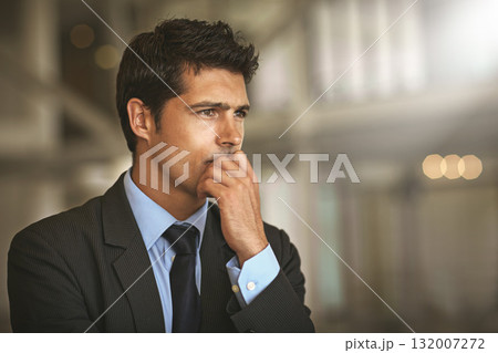 Business, thinking and man with stress, ideas and thoughts with deadline, schedule and wonder. Male person, employee or entrepreneur with opportunity, depression and anxiety with burnout and decision Business, thinking and man with stress, ideas and thoughts with deadline, schedule and wonder. Male person, employee or entrepreneur with opportunity, depression and anxiety with burnout and decision 132007272