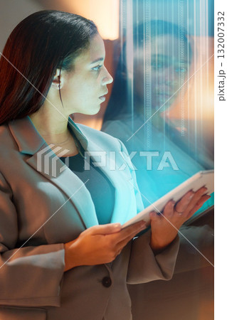 Code overlay, business woman and tablet data of a it worker with crypto coding and programmer work. Information technology graphic, digital cybersecurity and 3d programming in a office on tech 132007332