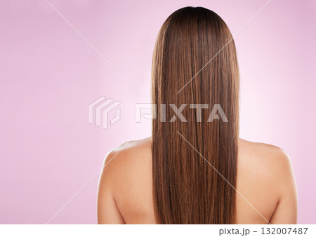 Hair, beauty and woman with back and haircare, mockup space and keratin treatment on pink background. Cosmetics shine, grooming and hairstyle, dandruff free and cosmetic care with female rear view Hair, beauty and woman with back and haircare, mockup space and keratin treatment on pink background. Cosmetics shine, grooming and hairstyle, dandruff free and cosmetic care with female rear view 132007487