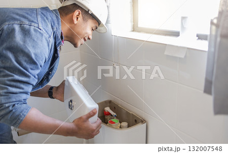 Toilet maintenance, plumber and man fix cistern, home renovation and builder service. Contractor, bathroom tank plumbing and handyman on industrial technician for leak, broken pipe and sewer drainage Toilet maintenance, plumber and man fix cistern, home renovation and builder service. Contractor, bathroom tank plumbing and handyman on industrial technician for leak, broken pipe and sewer drainage 132007548