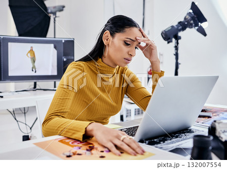 Photography stress, shoot problem and business woman with anxiety from creative vision issue. Computer design, frustrated creativity employee and website pixel 404 of photographer project in studio 132007554