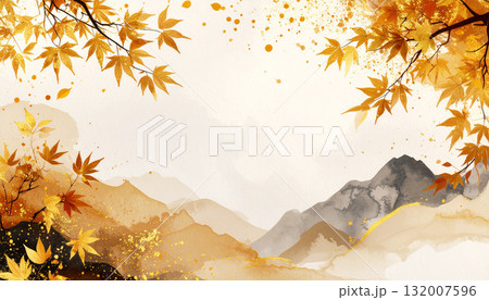 秋の山と紅葉が描かれた和風水彩背景 秋の山と紅葉が描かれた和風水彩背景 132007596