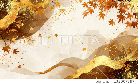 秋色に染まる和風水彩の山と紅葉 秋色に染まる和風水彩の山と紅葉 132007597