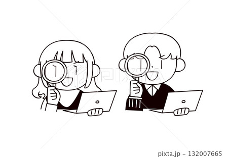 虫眼鏡とパソコンと男女2人のイラスト 虫眼鏡とパソコンと男女2人のイラスト 132007665