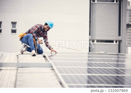 Happy portrait man, solar panel and tape measure for photovoltaic grid, electricity sustainability or renewable energy. Rooftop quality inspection, African male handyman and power supply maintenance 132007869