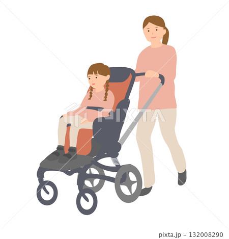 子ども用車椅子に乗る女の子と母親 子ども用車椅子に乗る女の子と母親 132008290
