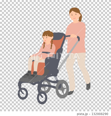 子ども用車椅子に乗る女の子と母親 子ども用車椅子に乗る女の子と母親 132008290