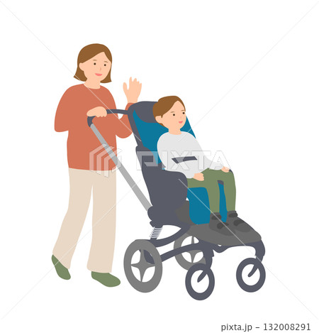 バギーに乗る男の子と挨拶する母親	 132008291