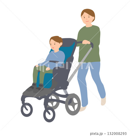 子ども用車椅子に乗る男の子と母親 132008293