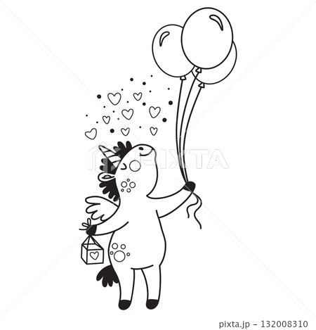 Cute unicorn with a balloons coloring vector doodle illustration 132008310