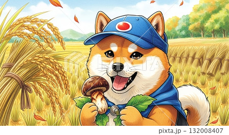 豊かな実り！キャップを被った柴犬と収穫前の田んぼ 132008407