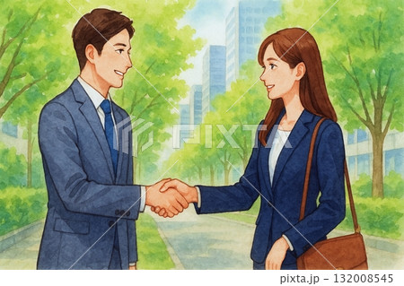 握手を交わすビジネスパートナー 信頼の瞬間を描く春の街角 握手を交わすビジネスパートナー 信頼の瞬間を描く春の街角 132008545