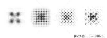 Halftone gradient squares set. Abstract dotted square shape. Rectangular fading patterns, retro comic textured quadrate silhouette, minimal monochrome stippling geometric point graphic shading effect 132008699