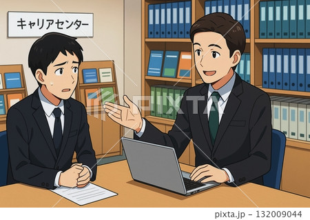 キャリアセンターで就職相談を受ける学生と職員のビジネスイラスト キャリアセンターで就職相談を受ける学生と職員のビジネスイラスト 132009044
