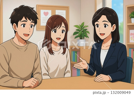 カウンセリングルームで相談を受ける男女と女性相談員のビジネスイラスト 132009049