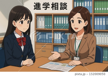 進学相談を受ける女子学生とカウンセラーのアニメ風イラスト 132009050