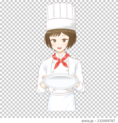 Illustration of a female pastry chef holding a plate on a transparent background 132009787