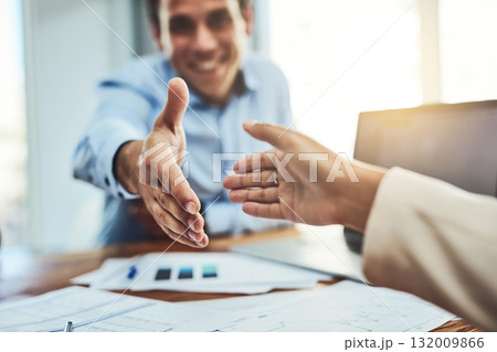 Business people, handshake and meeting for partnership, b2b or deal agreement at the office. Businessman shaking hands in greeting, welcome or hiring in recruitment, teamwork or growth at workplace 132009866