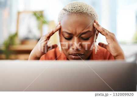 Headache, stress and business black woman with laptop for error, mistake and network problem. Corporate office, technology and female worker with burnout, frustrated and migraine with computer issue 132009920