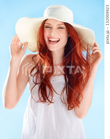 Happy woman, portrait and summer hat on blue sky with style, confidence and smile for outdoor vacation. Female person laughing in sunshine with fashion, head accessory and freedom to relax on holiday Happy woman, portrait and summer hat on blue sky with style, confidence and smile for outdoor vacation. Female person laughing in sunshine with fashion, head accessory and freedom to relax on holiday 132009923