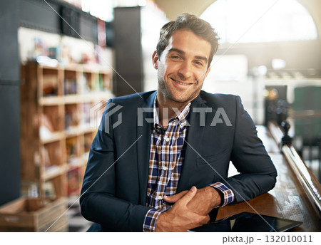 Portrait, relax and happy with a man in a coffee shop, sitting at a bar counter as a customer during the day. Cafe, smile and fashion with a handsome young male consumer in a trendy restaurant Portrait, relax and happy with a man in a coffee shop, sitting at a bar counter as a customer during the day. Cafe, smile and fashion with a handsome young male consumer in a trendy restaurant 132010011