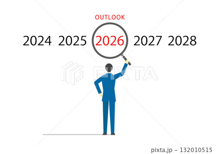 虫眼鏡を使って2026年の展望をチェックするビジネスマンのイラスト 132010515