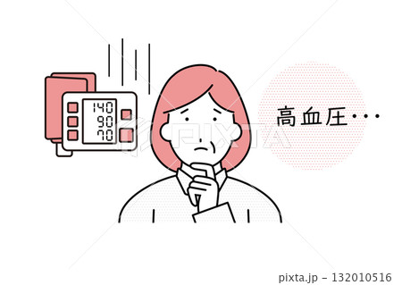 血圧計の数値が高血圧に値する状況に悩みを感じる中年の女性のイラスト 血圧計の数値が高血圧に値する状況に悩みを感じる中年の女性のイラスト 132010516