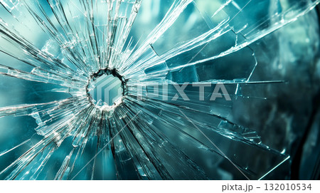 弾丸の衝撃で放射状に割れたガラスのテクスチャ 132010534