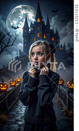 廃墟となったようなお城に迷い込んだ女性 132011018