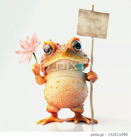 Playful toad in 3D clutching a blank sign, ideal for personalizing with your own message for festive events or creative announcements. 132011090