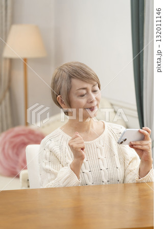 スマートホンで楽しくおしゃべりしたり検索したりするシニア女性 スマートホンで楽しくおしゃべりしたり検索したりするシニア女性 132011146