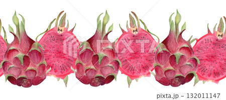 Bright pink dragon fruit whole and a half with seeds. Hand-painted watercolor seamless border on white. Perfect for tropical food design, packaging, branding, healthy lifestyle projects, prints. 132011147
