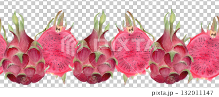 Bright pink dragon fruit whole and a half with seeds. Hand-painted watercolor seamless border on white. Perfect for tropical food design, packaging, branding, healthy lifestyle projects, prints. 132011147