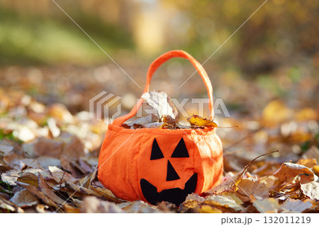 Halloween background. A bright orange pumpkin-shaped bag sits on the ground, surrounded by vibrant autumn leaves 132011219