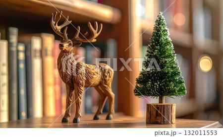 Wooden Reindeer on Bookshelf 132011553