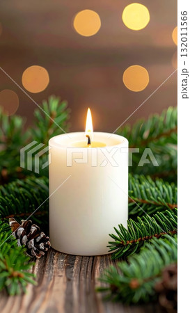 White Candle with Pine Branches 132011566