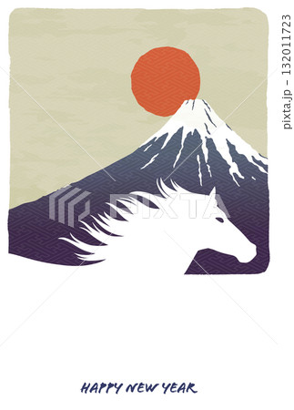 午年の年賀状テンプレート　馬と富士山と日の出 132011723