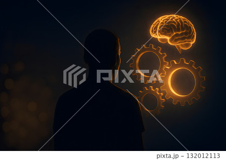 Human silhouette facing glowing gears and floating brain stem. Cinematic edge lighting. Surreal mood. Smart symbol. Left side is empty for inspirational text. 132012113