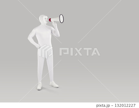 Man in white mask and bodysuit making announcement through megaphone on grey copy space background Man in white mask and bodysuit making announcement through megaphone on grey copy space background 132012227