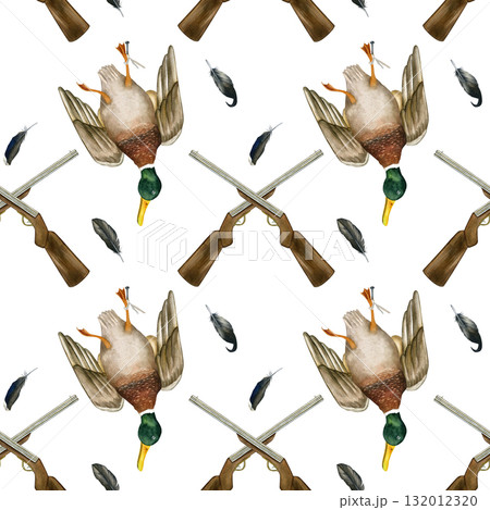 Duck killed during a hunt, rifles crisscrossed. Seamless pattern of hunting trophies. Hand-drawn watercolor illustration. Isolated on a white background 132012320
