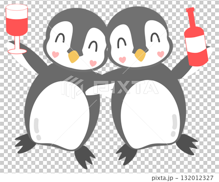 Cute Penguin Couple Celebrating Clipart, Friends with Wine Glass and Bottle 132012327