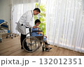 Caring doctor supporting an elderly woman in a wheelchair near a bright hospital window, symbolizing compassion, recovery, and medical care 132012351