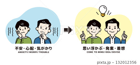 不安・心配事が解決した、中高年の夫婦のシンプルな上半身ベクターイラスト素材＿カラー 132012356