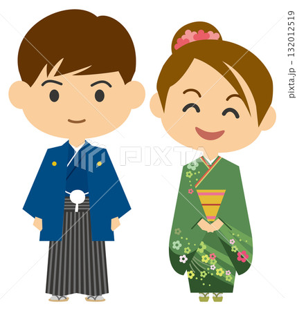 羽織袴姿の男性と振袖姿の女性のイメージイラスト 132012519