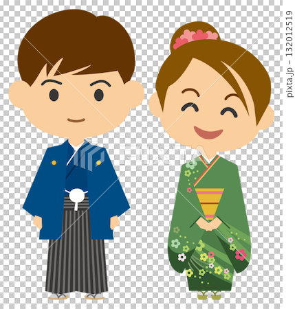 羽織袴姿の男性と振袖姿の女性のイメージイラスト 132012519