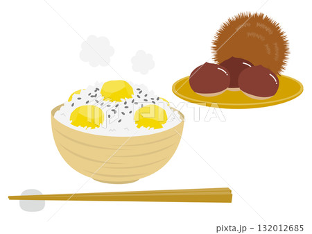 茶碗に盛られた栗ご飯と籠に盛られた栗のイラスト 132012685