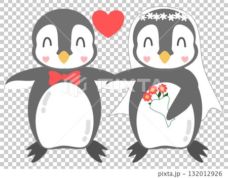 Cute Penguin Wedding Couple Clipart, Bride and Groom with Bouquet and Heart 132012926