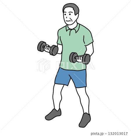 ダンベルで筋トレをするシニア男性のイラスト ダンベルで筋トレをするシニア男性のイラスト 132013017